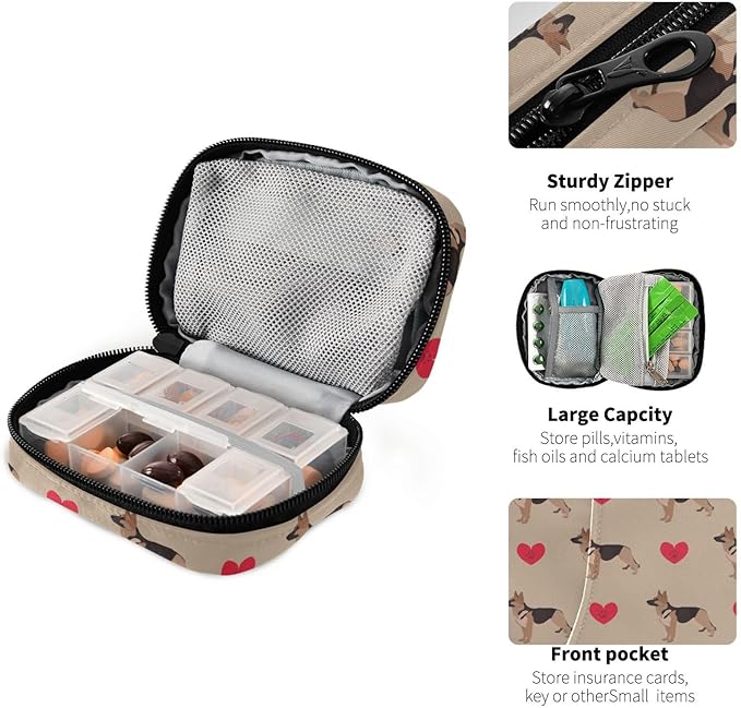 Pill Box German Shepherd Dog Heart 7 Day Pill Case Travel Pill Organizer Bag with Zipper Portable Weekly Vitamin Medicine Supplement Holder Pouch Bag