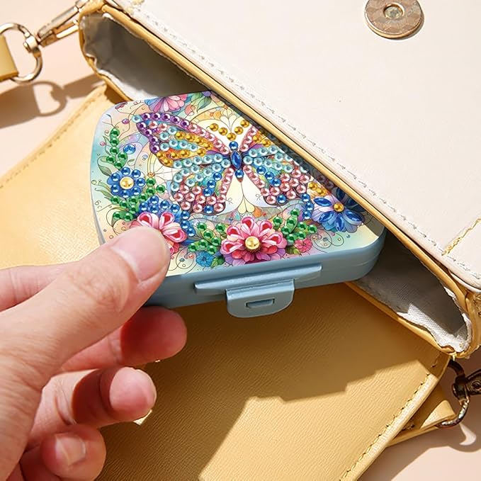 C'eitura DIY Butterfly Diamond Art Painting Blue Pill Organizer with 6 Lid Detachable Compartments, Fun DIY Craft Project for Adults, Elegant Pill Case for Purse & Travel