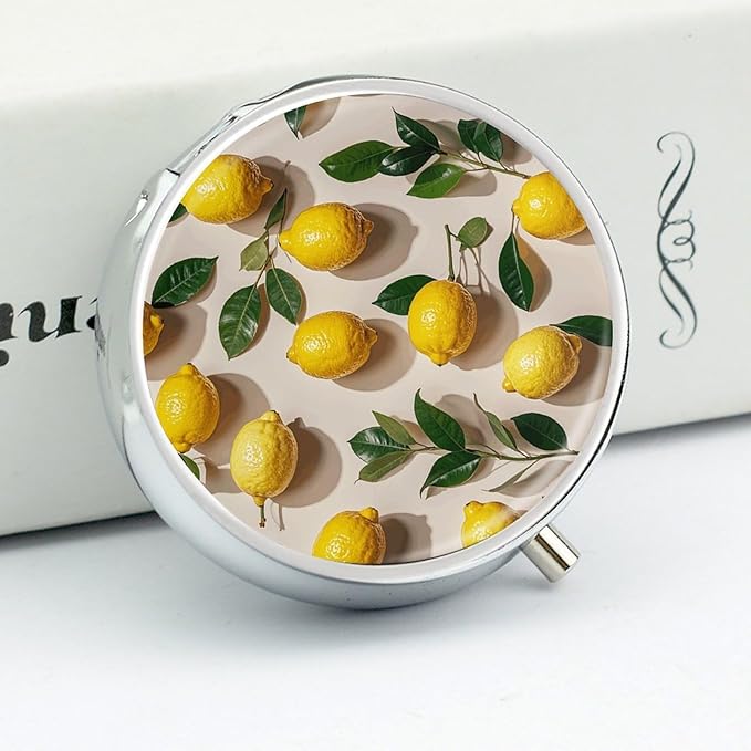 Lemon Pattern Pill Box Travel Pill Case for Purse Pocket Weekly Medicine Organizer with Mirror 3 Compartment Round Medicine Case Portable PillcaseHolder for Daily