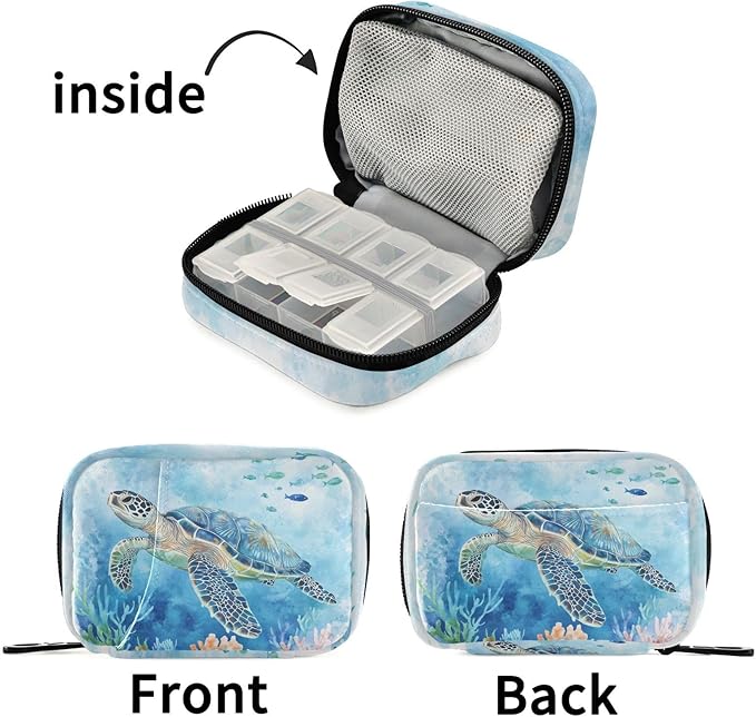 Fustylead Vivid Sea Turtle Swimming in Ocean Pill Organizers 2 Times A Day Pill Case Bag with Zipper Portable Weekly Pill Dispensers for Vitamin Supplement
