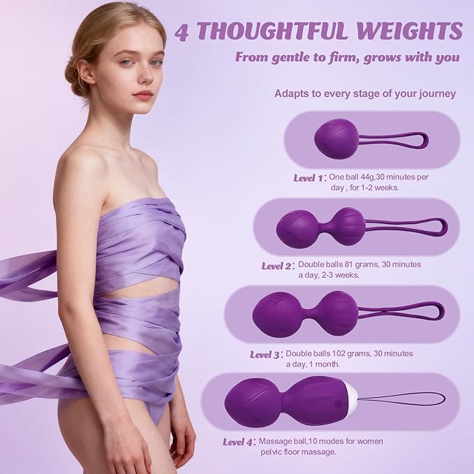 Kegel Balls for Women - 4-Piece Pelvic Floor Exercise Weights Set for Postpartum Recovery & Bladder Support, Medical Silicone Kegel Trainer for Home, Yoga & Travel Use (Purple)