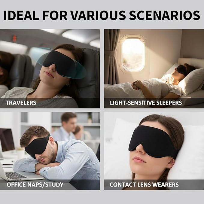3D Sleep Mask with Hot Cold Gel Layer, Memory Foam Blackout Eye Mask, Zero Pressure Cups for Lashes, Adjustable Strap, Black