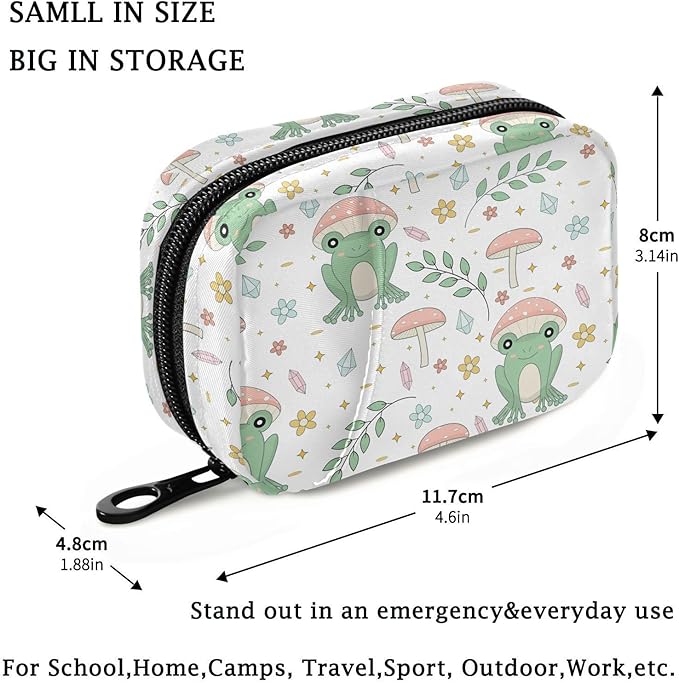 Fustylead Cute Frog and Mushrooms Flowers Twigs Stars Crystal Travel Pill Organizer Bag with Zipper Small Pill Box 7 Day Pill Case for Purse Storage Weekly Vitamin Medicine Supplement