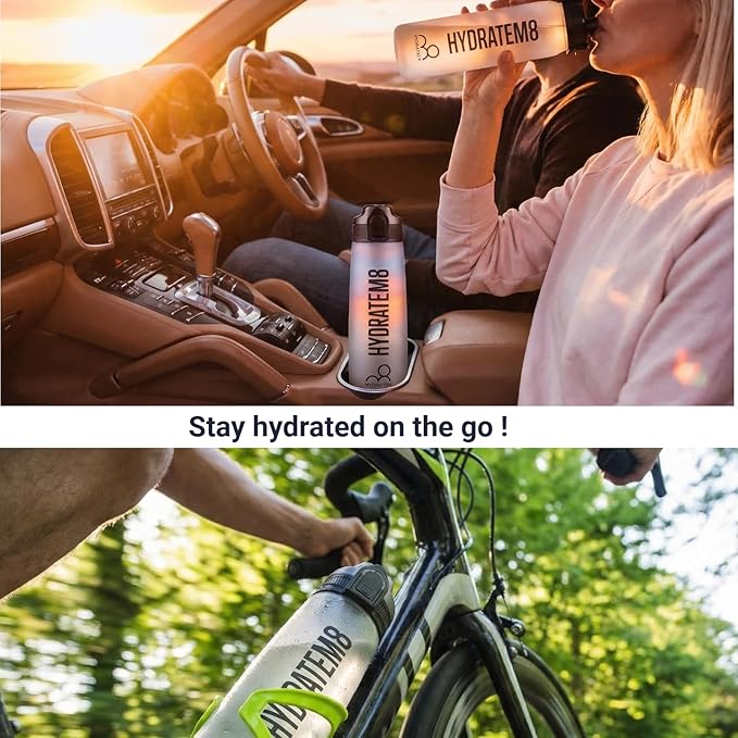 HYDRATEM8 - Active Motivational Sports Water Bottle with Time Markings, BPA Free, Drinks Bottle, 32oz - Frosted