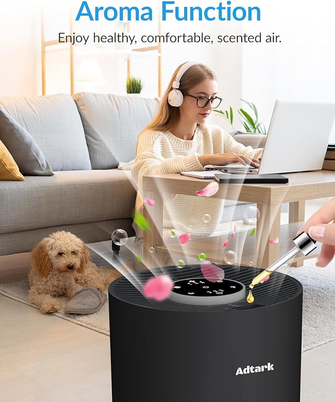 Air Purifiers for Home Bedroom, ADTARK Air Cleaner with 3-in-1 Filter, Sleep Mode & Aroma Function, 3 Light Modes, Room Air Purifier with 3 Timer for Office, Dorm, Hotel (Black)