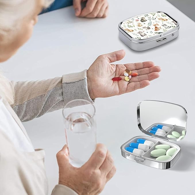 Pill Box-2 Compartment Small Pill Case Square Organizer Case with Mirror Portable Metal Medicine Box Travel Container for Pocket & Purse Women Men(Cat Lover)