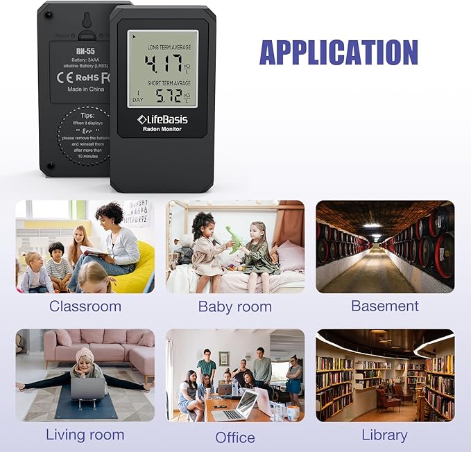 LifeBasis Radon Detector, Radon Test for Home with Long and Short Term Radon Meter, Home Radon Gas Monitor US Version-pCi/L (Update Version, Matte Black)