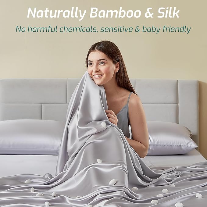 Silver Infused Bed Sheets - 20% Silk Blend Sheet with Self-Cleaning Technology for 3X Freshness Sleep, Luxe Soft Temperature Regulating Cooling Sheets for Hot Sleep (MoonlightGray,King)