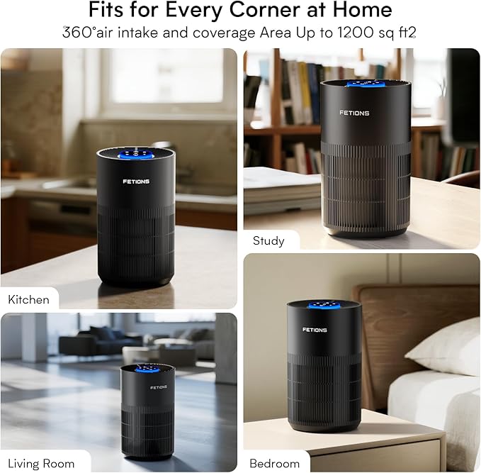 Air Purifiers for Bedroom Home, Quiet Air Cleaner With Sleep Mode Night Light, Small Air Purifier Covers Up to 1200ft², 360° Air Intake, 3 Speeds, Timer, Aroma Function, Black