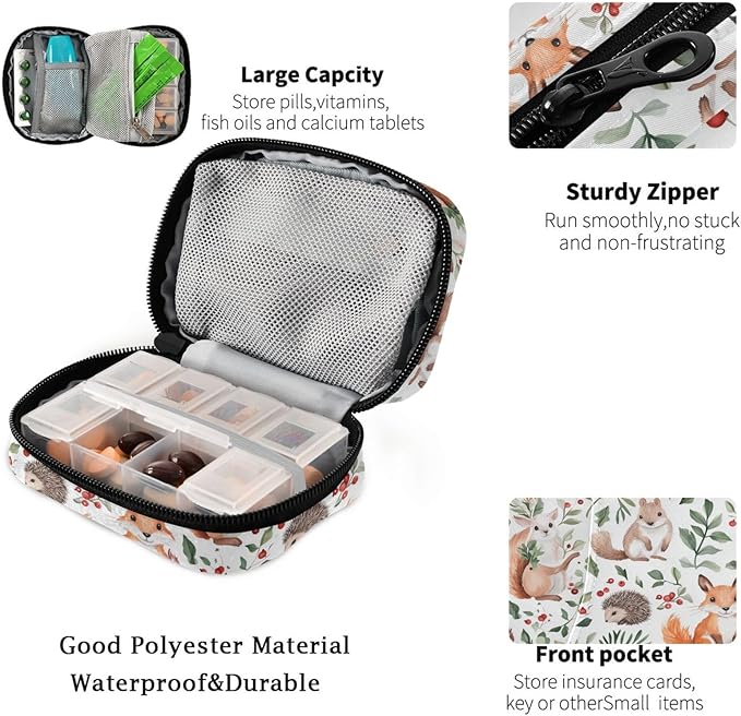 Fustylead Watercolor Cute Forest Fox Hare Hedgehog and Squirrel Animals Pill Organizer and Storage Weekly with Zipper, Removable Pill Box Portable Medicine Organizer for Vitamin Fish Oil Supplement