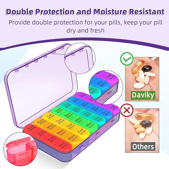 Daviky Weekly Pill Organizer 4 Times a Day, Large 7 Day Pill Box Portable for Travel, Medicine Organizer Box with Removable Individual Pill Containers to Hold Vitamins, Supplements and Medication
