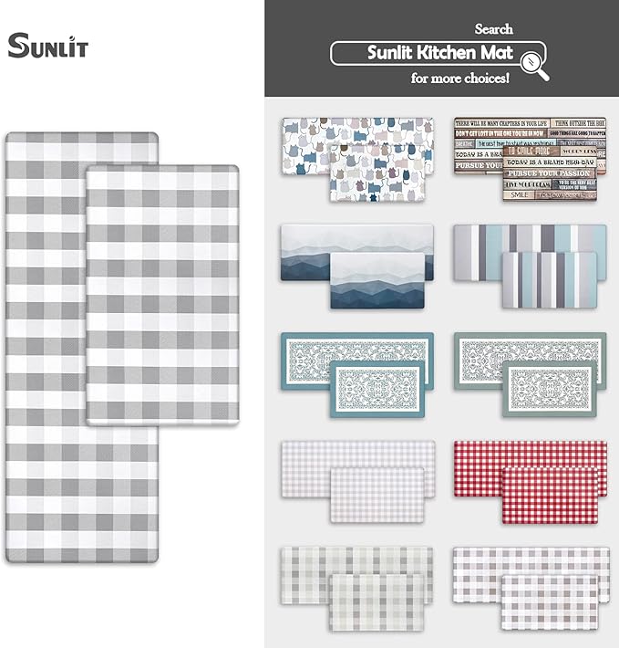 Sunlit Set of 2 Anti Fatigue Kitchen Floor Mat, Non Slip Waterproof Comfort Standing Mat, 0.4 Inch Thick Cushioned Farmhouse Kitchen Rug Runner, Gray and White Buffalo Plaid(Size:17"x28"&17"x47")