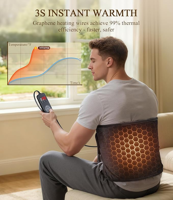 Lower Back Heating Pad: 2X Graphene Extra Hot Heating Wrap for Back Pain Relief - Max 160℉ Heat for Men Waist Deeper Relaxation After Heavy Work - 4H Auto Off 8 Heat Settings (Grey)