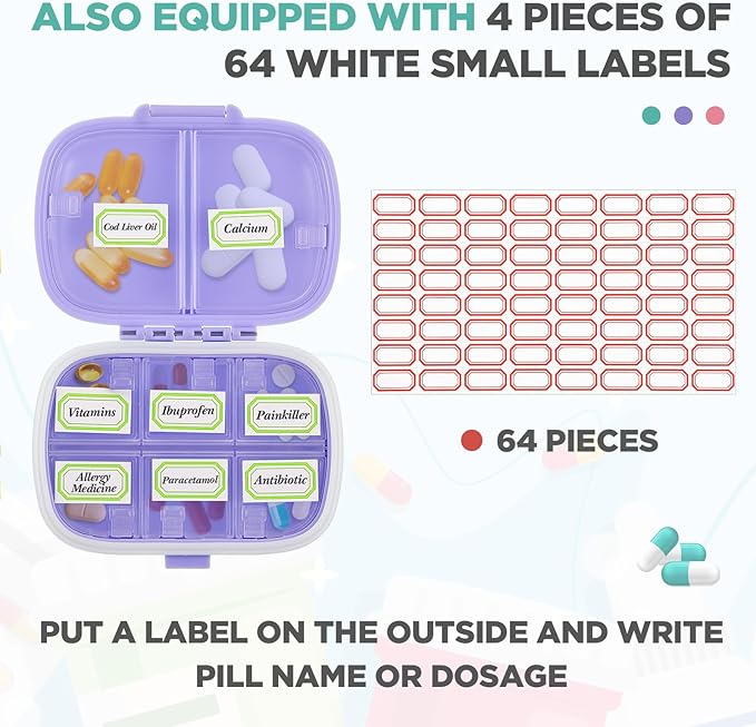 Layhit 30 Pcs Travel Pill Organizer Bulk with Labels Portable Daily Pill Dispenser 8 Compartments Medicine Storage Case for Vitamins, Fish Oils, Supplements (Blue,Pink,Purple)