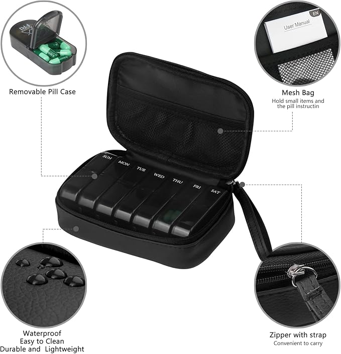 Weekly PU Leather Pill Bag Organizer Case 2 Times a Day, AM PM Daily Pill Box to Hold Vitamin, Fish Oil, Supplements and Medicine (Black)