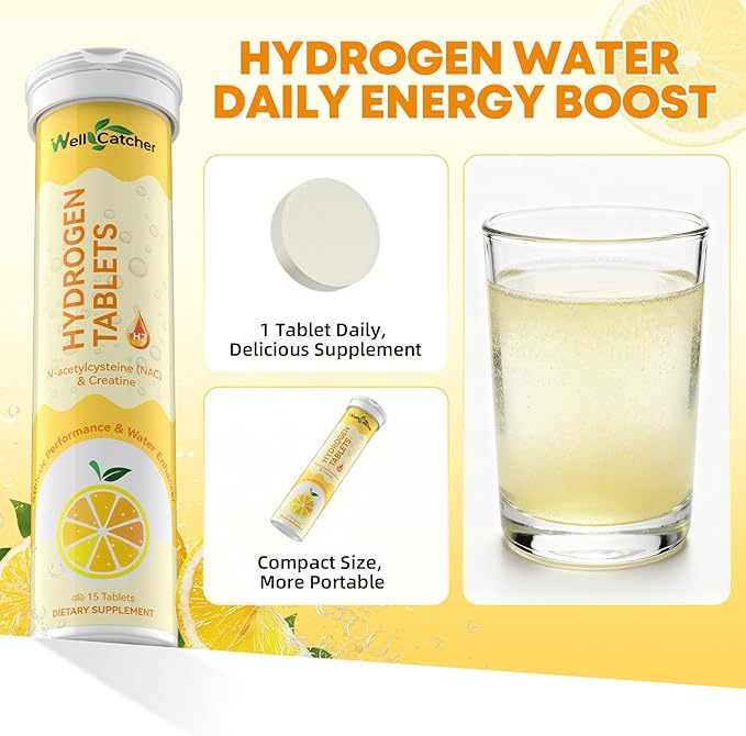 Hydrogen Tablets for Drinking Water: Molecular Hydrogen Tabs 12.4PPM with Magnesium NAC Creatine Supports Antioxidants Cellular Health Recovery Cognitive Function Vegan Organic Lemon Flavor