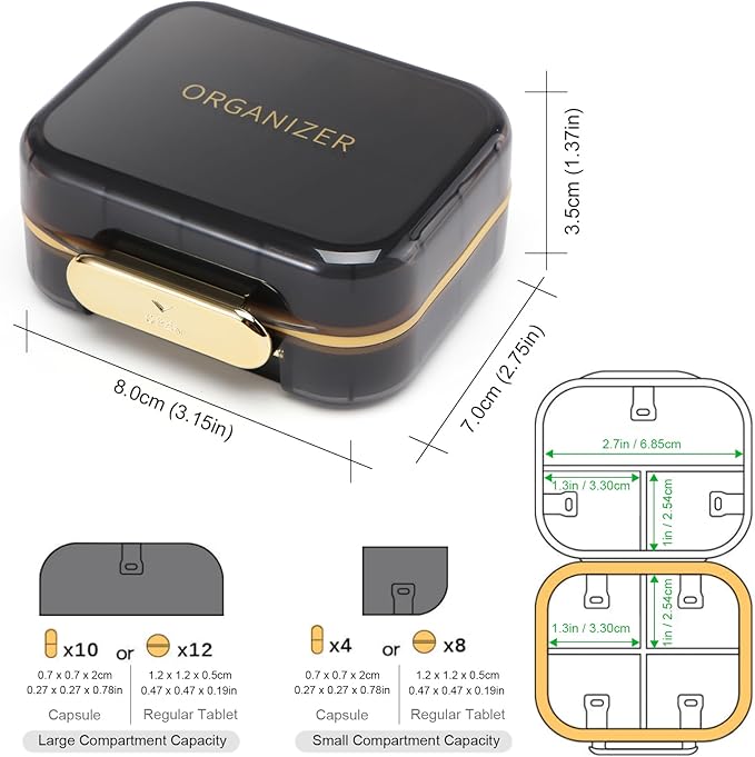 Toplive 7 Compartments Portable Pill Organizer Travel Medicine Pill Organizer, Moisture Proof Small Pill Case Pocket Pill Holder Daily Pill Container Box for Fish Oil Vitamins, Black