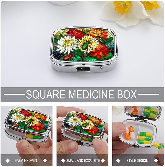 Beetles Scarabs and Flowers Pill Box 2 Compartment Floral Stainless Glass Portable Medicine Pill Case Travel Pill Organizer for Pocket Purse