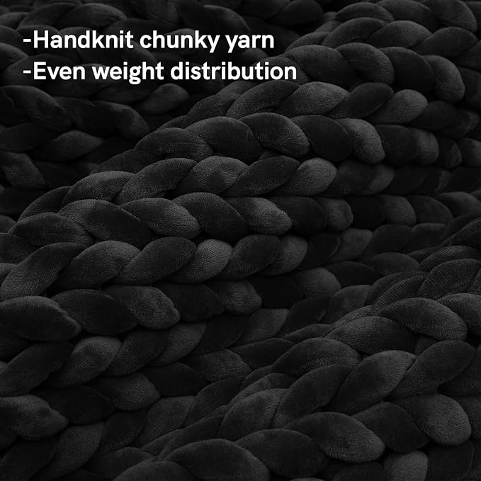 YnM Velvet Weighted Blanket, Handmade Chunky Knitted Design, Soft and Cozy, Temperature Regulating and Breathable, Machine Washable Throw for Sleep or Home Decor (Black, 60x80 Inch, 15lbs)