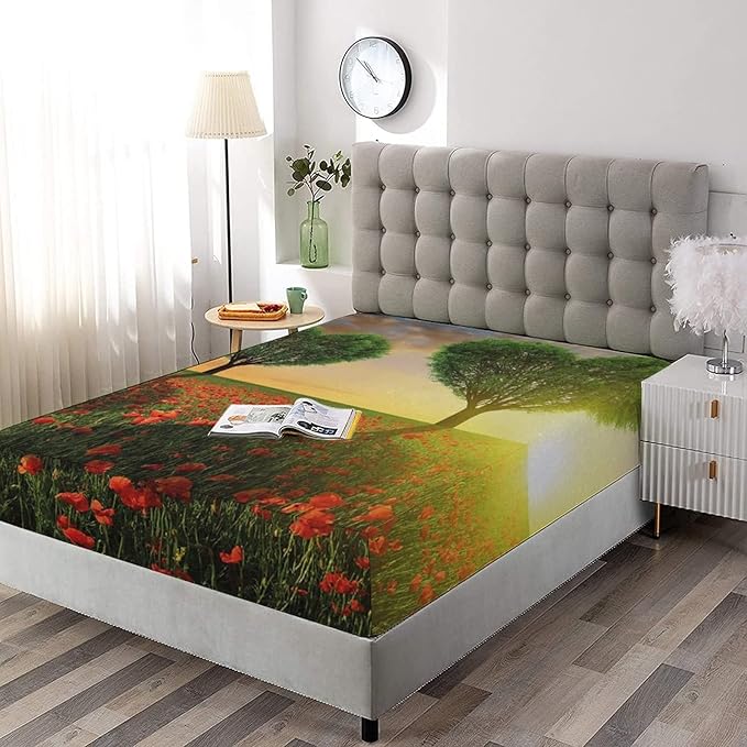 Decorative Bedding Sheet Set Twin XL Size, Valentines Day Deep Pockets Fitted Sheet & 2 Pillow Sham Set, Poppy Heart Shaped Trees Romantic Love Meadow Print Microfiber 3pc Bed Sheets Set