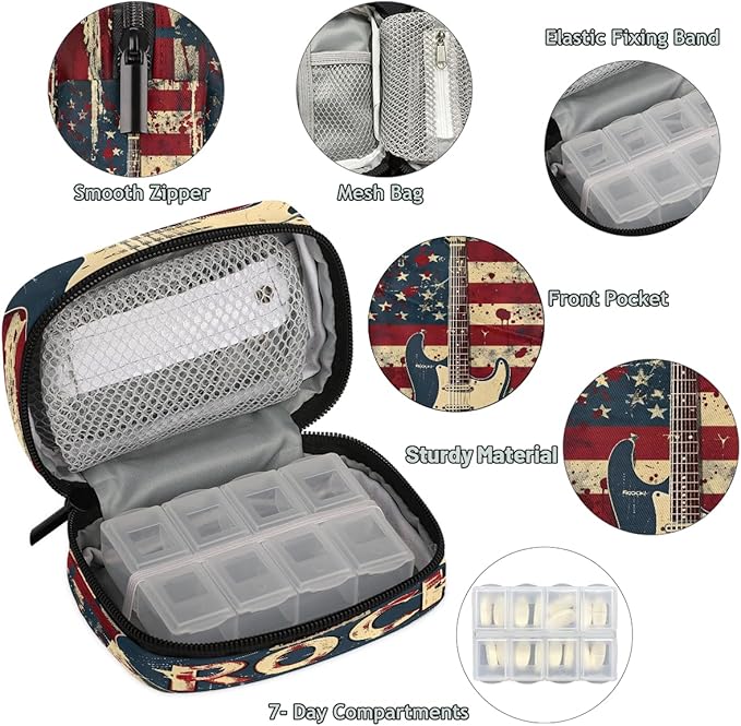 American Flag Guitar Abstract Travel Pill Organizer Box Weekly Portable Pill Case Daily Pills 7 Day Small Birth Control Pills Container Removable Compartments for Medicine Vitamins Fish Oil