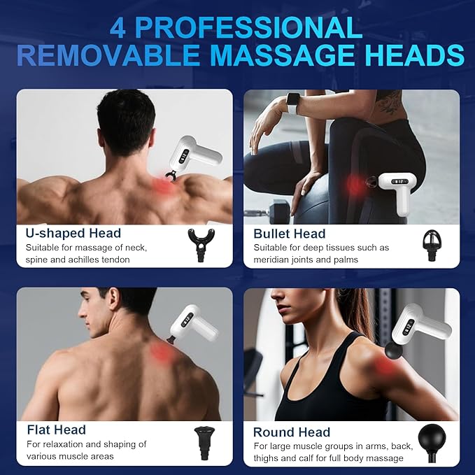 Massage Gun Deep Tissue, Percussion Massager Gun for Athletes Muscle with 9 Replacement Heads for Pain Relief, Super Quiet Portable Electric Massager (White-mini Massage Gun)
