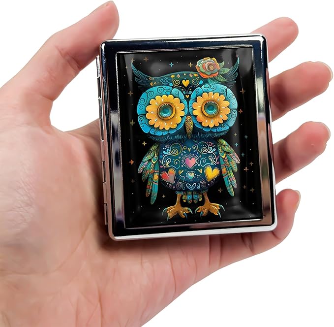 Metal Pill Organizer Box with Mirror – 8 Compartment Chrome Pill Case, Pocket-Size Travel Pill Container for Vitamins, Seniors, Daily Use (Whimsical Owl of Hearts)