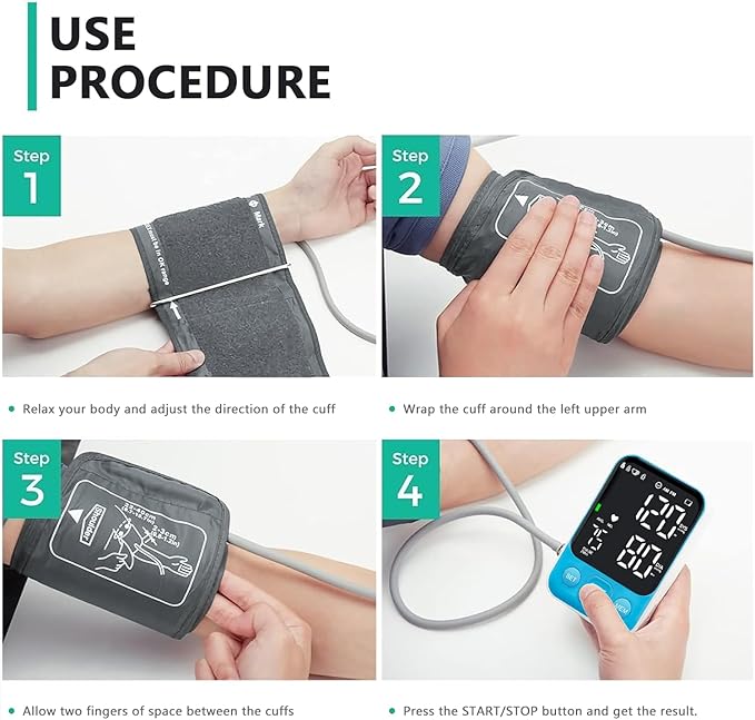 Blood Pressure Monitor Upper Arm Monitors for Home Use BP Machine with 2x120 Reading Memory Adjustable Arm Cuff 8.7"-15.7" Large Display with LED Background Light Storage Bag Light Blue