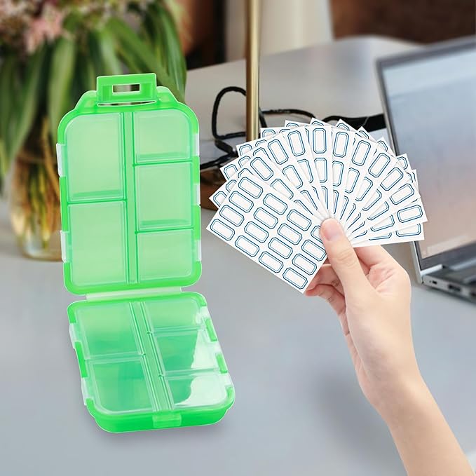 INVODA 12PCS 10-Compartment Pill Organizer BPA-Free Travel Pill Case with Daily Labels Portable Medicine Box for Vitamins, Supplements & Jewelry