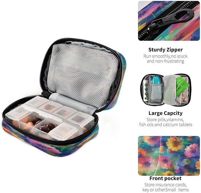 Watercolor Flowers Pill Organizer Portable Travel Pill Case Weekly Pill Box for Medicine Vitamin Supplement