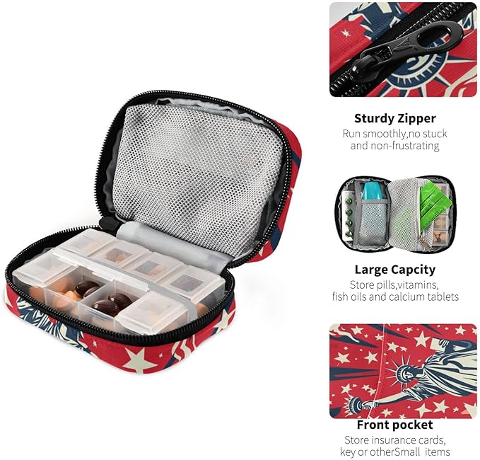 July 4th Statue of Liberty Red Travel Pill Organizer Case Box Container Weekly Portable Vitamin Medicine Holder Storage Bag with Zipper Removable
