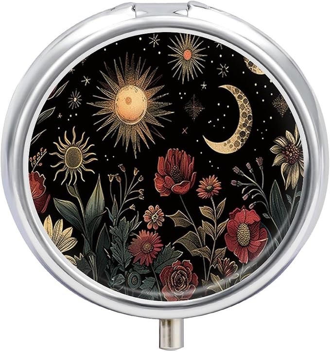 Pill Box-3 Compartment Small Pill Case, Portable Round Pill Box for Pocket or Purse, Decorative Metal Medicine Vitamin Organizer. (The Beautiful Scenes at Night)