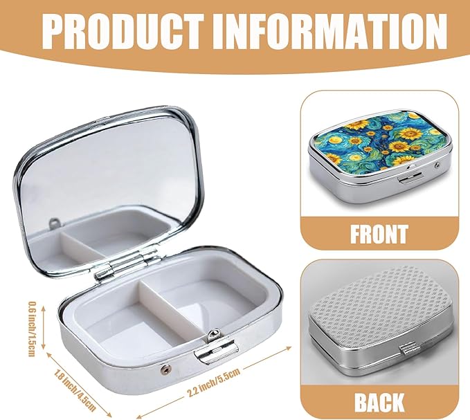 Pill Box-2 Compartment Small Pill Case Square Organizer Case with Mirror Portable Metal Medicine Box Travel Container for Pocket & Purse Women Men(Starry Night Sunflower)