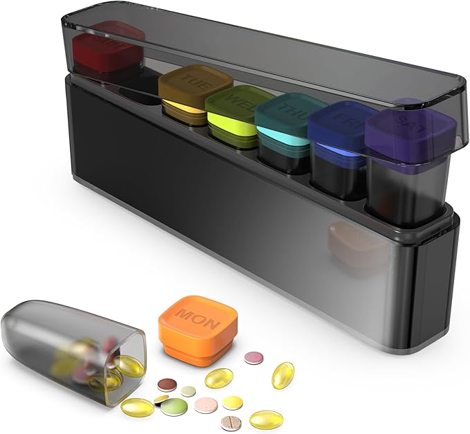 Weekly Pill Organizer 1 Time a Day, HIONXMGA Detachable Travel Pill Box 7 Day, Large Medicine Pill Case Container for Daily Medication Vitamin Supplement Fish Oil, Portable Week Pills Holder, Black