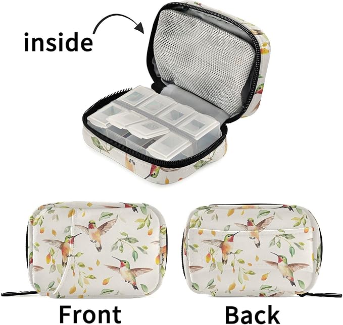Fustylead Beautiful Hummingbirds and Leaves Pill Organizer for Purse, Weekly Portable Pill Box with Zipper to Storage Vitamins Fish Oils Medications Supplements