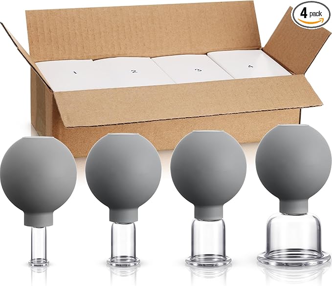 BBTO 4 Pcs Glass Facial Cupping Set Silicone Vacuum Suction Massage Cups Skin Tightening Therapy for Face Body Eyes Back Shoulder Pain(Grey)