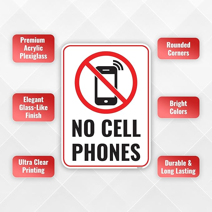 1PC No Cell Phone Use Sign, 7 x 5 Inches - Acrylic - No Phone Zone Poster Sticker For Classroom Wedding Business