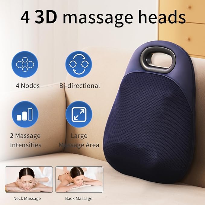 Shiatsu Neck and Back Massager ,With Heating and Bidirectional Rotation Heads ,4D Electric Massage Pillow with 4 Nodes ,Neck Back Shoulder Foot Pain Relief, Portable & Rechargeable, Holiday Gift