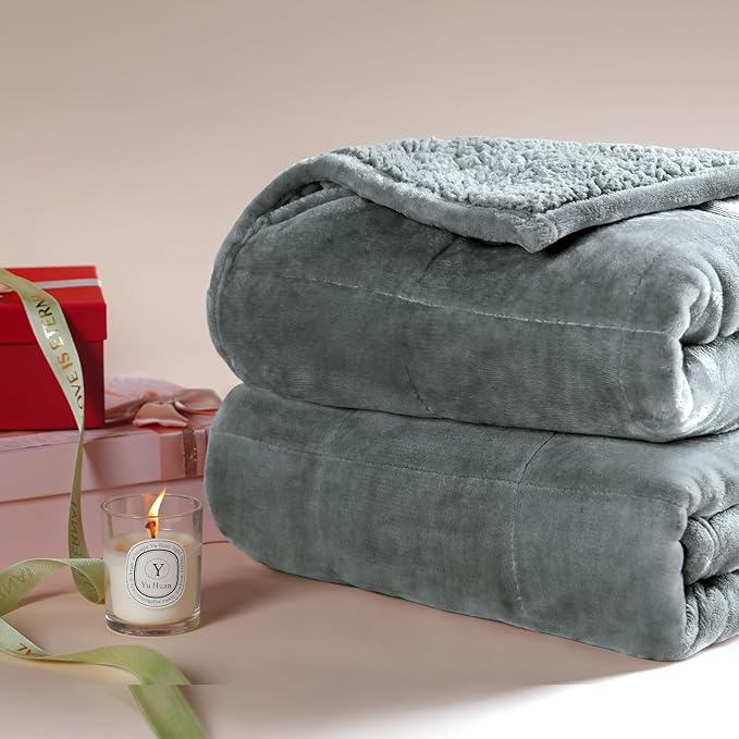 Cottonblue 20lbs Weighted Blanket Queen Size, 60x80 Inches Grey Sherpa Weighted Blanket Throw Sofa Bedding Heavy Blanket for Adults, Soft Cozy Fleece Blanket On Queen Bed