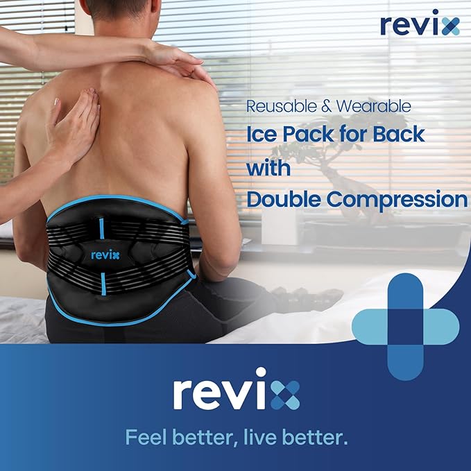 REVIX Compression Ice Pack for Back, Reusable Lower Back Ice Pack with Dual Support Belts, Wearable Snug-Fit Cold Therapy Lumbar Brace for Lower Back, Sciatic Nerve, Muscle Relaxation
