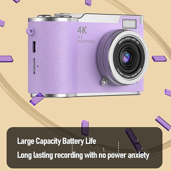 48MP Digital Camera, 1080P Video Camera, 8X Zoom, 2.4 Inch HD Flip Screen, LED Fill Light, Long Battery Life, with Multiple Functions for Entertaining Photography (Purple)