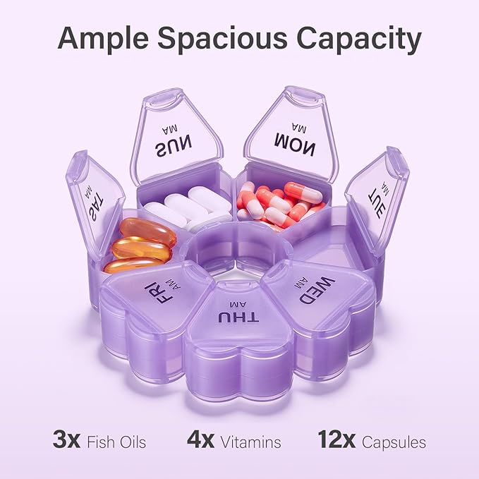 Weekly Pill Organizer, 7 Day AM/PM Pill Box with 14 Compartments, 2 Times a Day Travel Pill Case for Vitamins, Medicine, Fish Oil & Supplements (Purple)