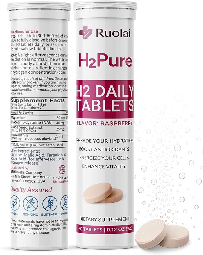 Ruolai H2pure Hydrogen Tablets – H2 Tabs – Fast-Dissolving Hydrogen Supplement for Cellular Hydration, Detox, Liver & Mental Clarity – Caffeine-Free, Vegan (Raspberry)