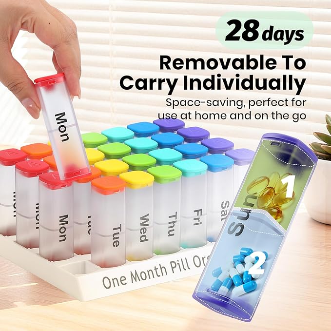 Monthly Pill Organizer 2 Times a Day - 28 Day Pill Box AM PM, Clear One Month Pill Case for Vitamins, Supplements, Medications - Daily Medicine Organizer for Home & Travel