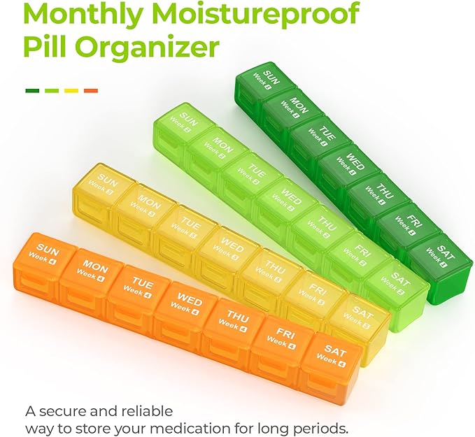 AUVON Moisture-Proof Monthly Pill Organizer, Large 28 Days Pill Box Case with Removable 4 Weeks Medication Organizer Rows, Travel-Friendly to Store Fish Oils, Vitamins, Supplements, Medications