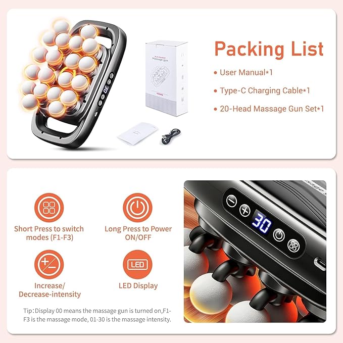 20-Head Massage Gun Set, Deep Tissue Percussion Massager with 3 Modes & 30 Intensities, Quiet Muscle Massage Gun, Up to 3 Hours Battery Life for Back, Shoulders, Legs, Foot, Body Muscle Pain Relief