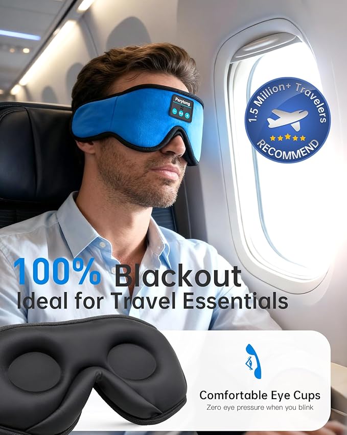 Sleep Mask with Bluetooth 5.4 Headphones, Wireless Music Sleep Eye Mask for Side Sleepers, 3D Contoured Comfort & Built-in HD Stereo Earphones, Blackout for Travel (Bright Blue)