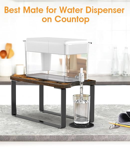 Water Filter Dispenser Stand Wood with Drip Tray - 7.9''W x 14.9''D x 7''H, Metal Stand Designed For Brita Filter, Compatible with Zero Water, PUR, Waterdrop etc