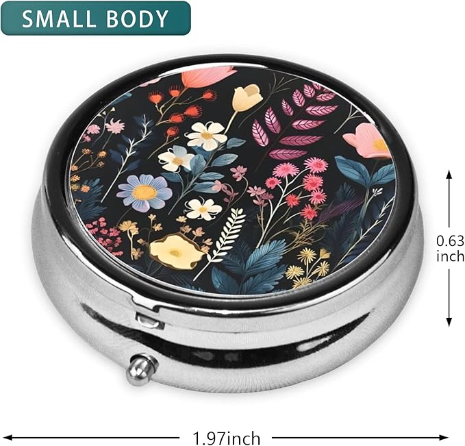 Pill Box 3 Compartment Pocket Small Pill Organizer Mini Metal Pill Holder Travel Portable for Man Woman, Black Flowers