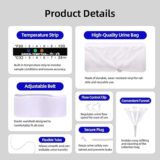 Urine Test Complete Kit with 2 to 4 oz Concealed Pouch, Stretchable 43.3 Inch Belt, 5 Liquid Release Outlets, 10 Temperature Strips, Silicone Funnel, Clamps and Plug Reusable Liquid Storage White